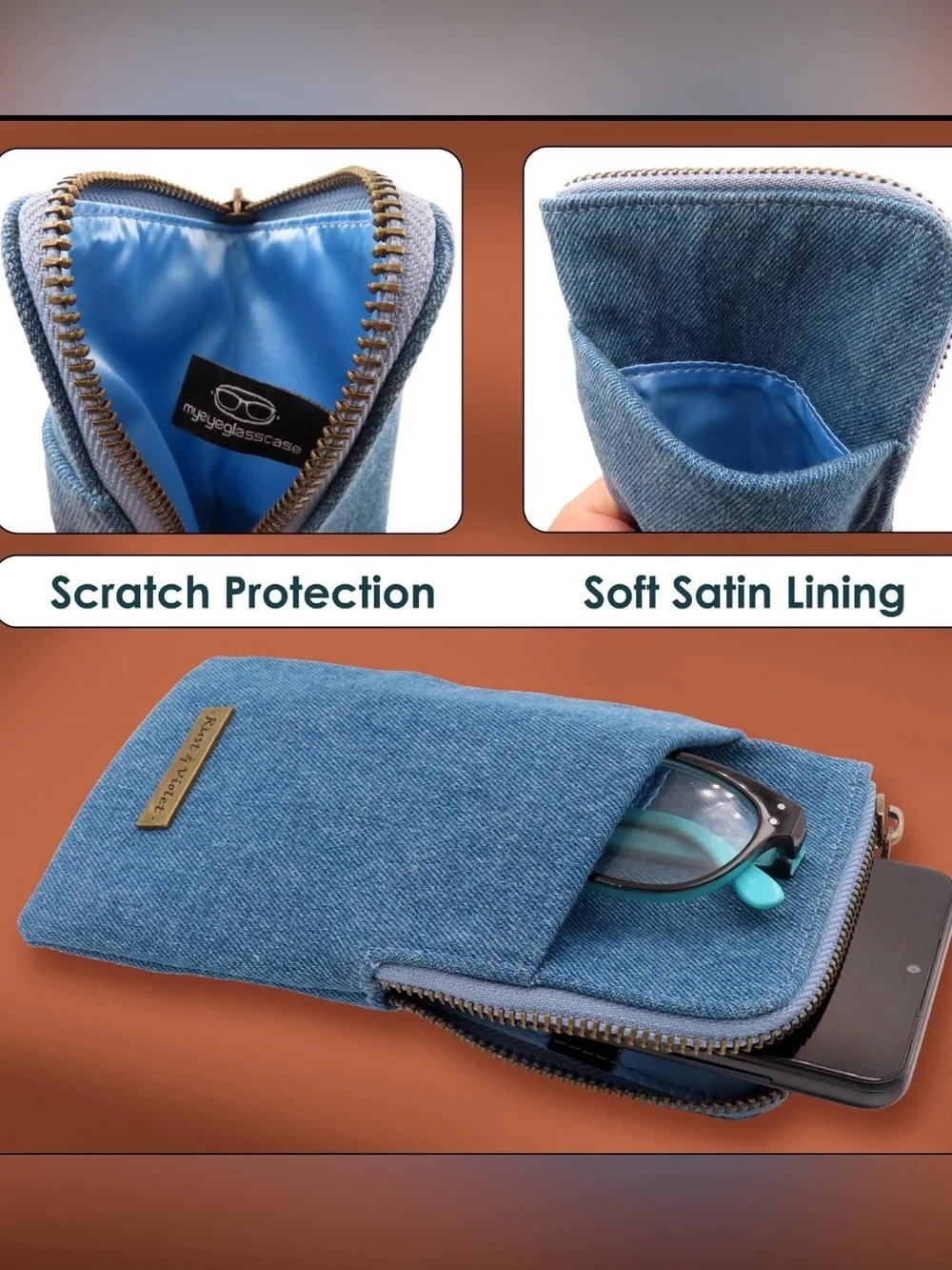 New in box: Denim Blue Double Sleeve Case with Zipper. Holds 2 Pair of Glasses😎